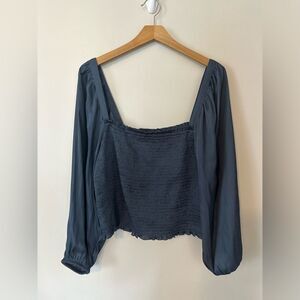 J. Crew | Teal Featherweight Smocked Satin Crop Top Puff Sleeve L